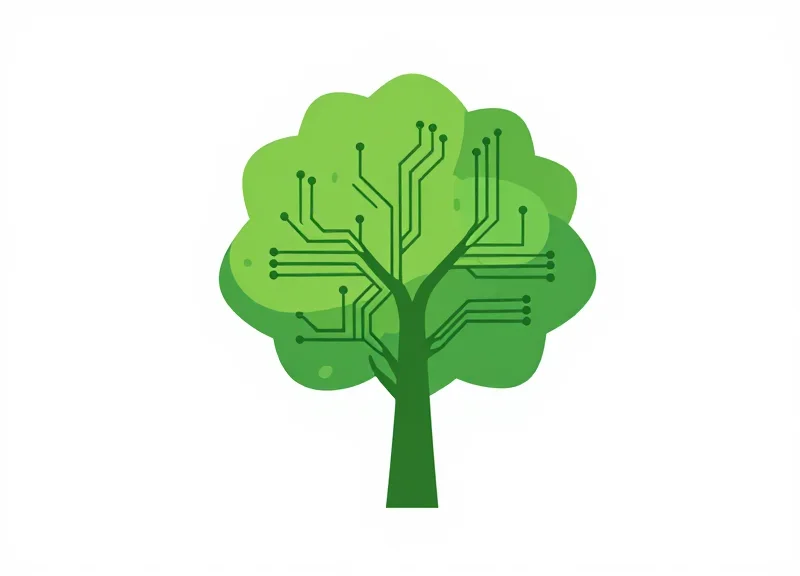 Flat vector illustration of a green leaf integrated with digital circuit patterns, representing sustainable retail technology.