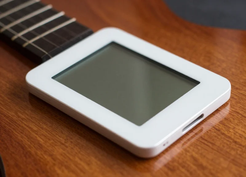 Close-up of a high-end electronic shelf label next to polished mahogany wood grain