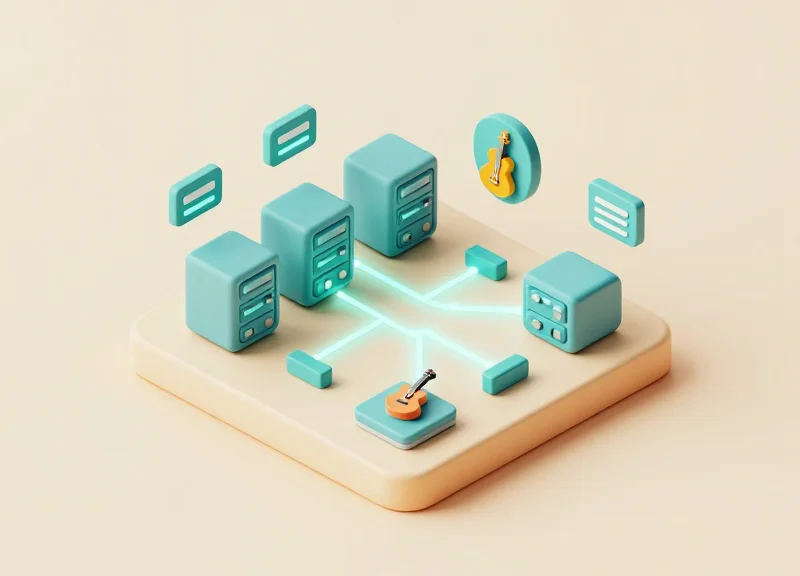 Isometric 3D model of a workshop CRM system connecting to digital shelf labels
