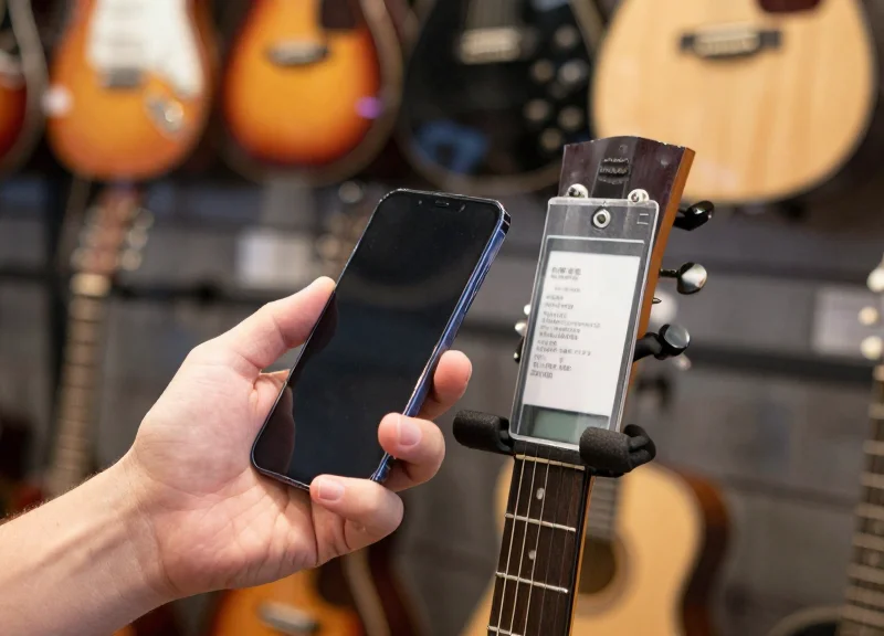 A customer using a smartphone to scan a digital tag on a guitar stand