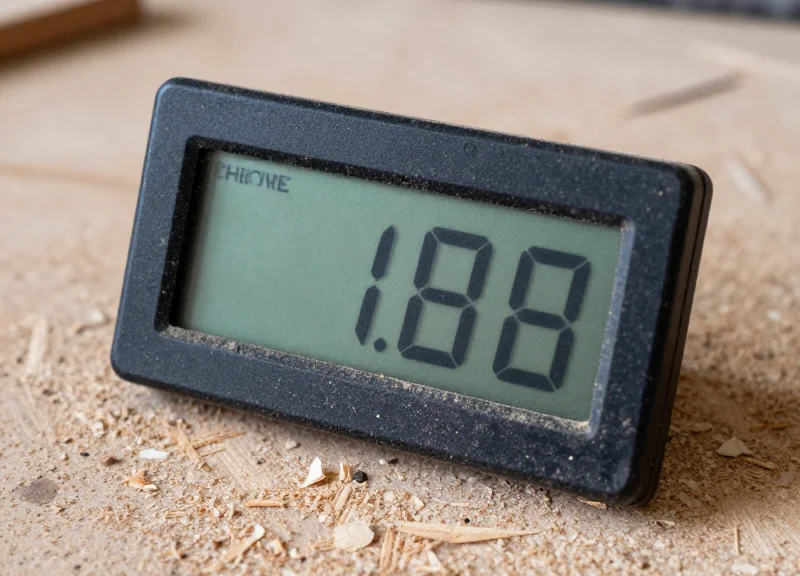 An electronic label covered in fine wood dust on a luthier workbench