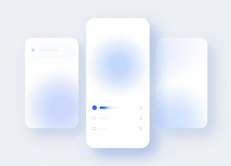 Abstract mobile interface showing product specifications with glassmorphism effects.