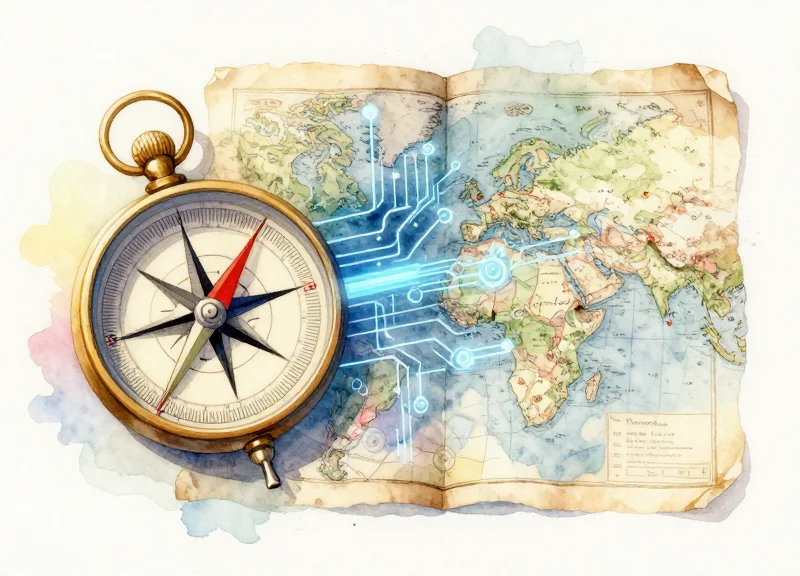 Watercolor illustration of history meeting technology with a compass and circuits.