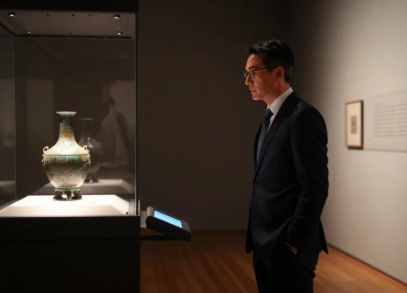 A museum curator examining an artifact with a digital display nearby.