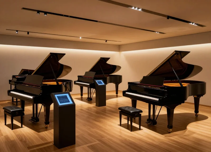 A modern music conservatory showroom blending traditional grand pianos with sleek digital displays and high-tech lighting.