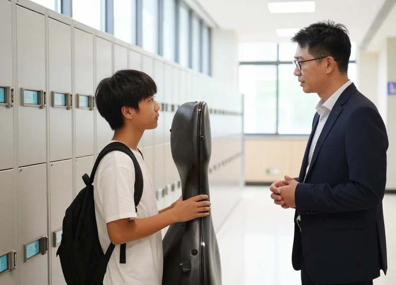 A music student and faculty member looking at a digital kiosk and smart tags in a conservatory hallway.