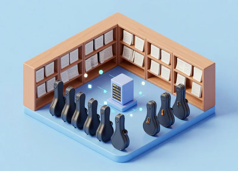 Isometric 3D view of a music conservatory inventory system with instruments and digital connections.