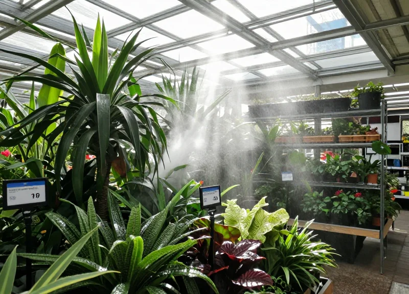 A modern garden center aisle with lush green plants being misted by water, with digital price tags visible on the shelving.