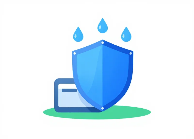 Minimalist vector illustration of a digital device protected by a glowing shield from falling water droplets.