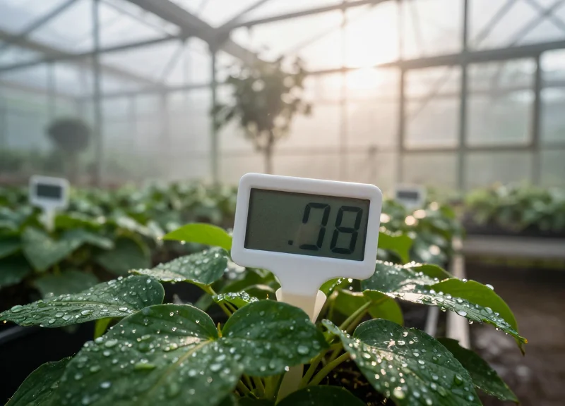 A digital price tag attached to a plant pot in a misty greenhouse setting.