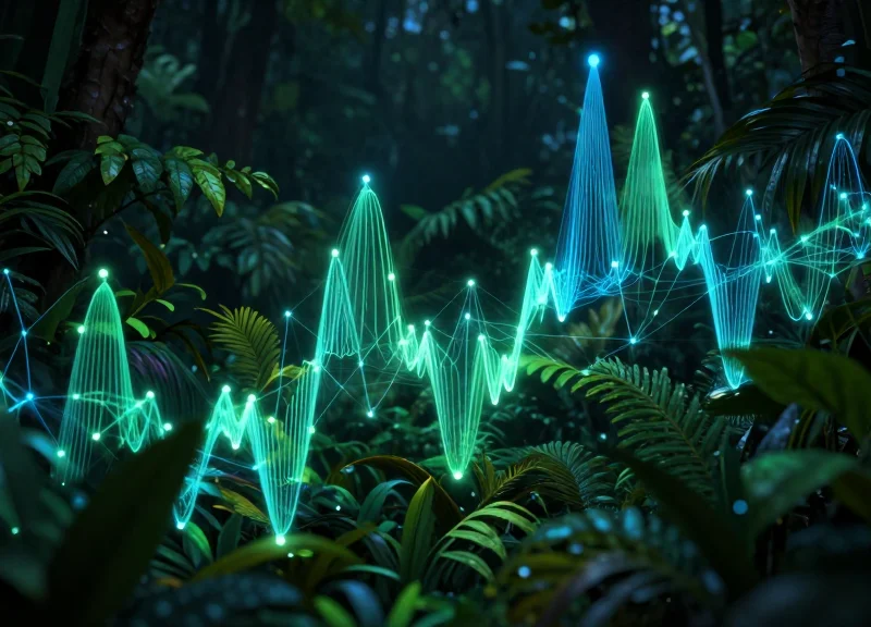 Visualization of wireless data signals passing through dense greenhouse foliage.