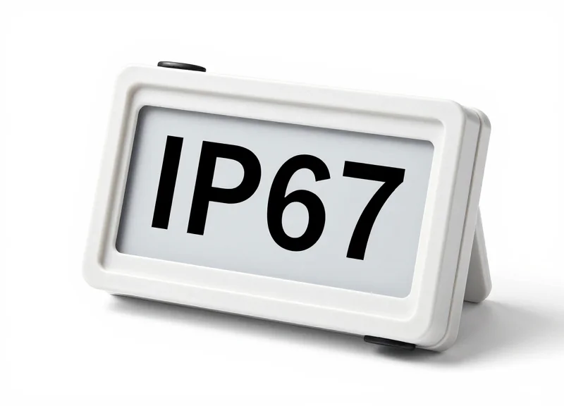 Studio shot of a ruggedized electronic shelf label for greenhouse use showing the sealed casing.
