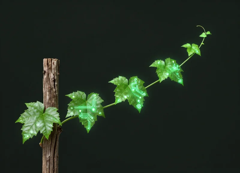 Conceptual illustration showing the transition from old wooden plant markers to glowing digital plant sensors.