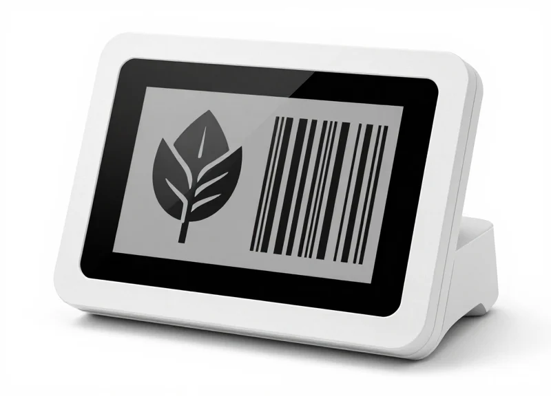 Sleek electronic shelf label device designed for garden centers on a clean background.
