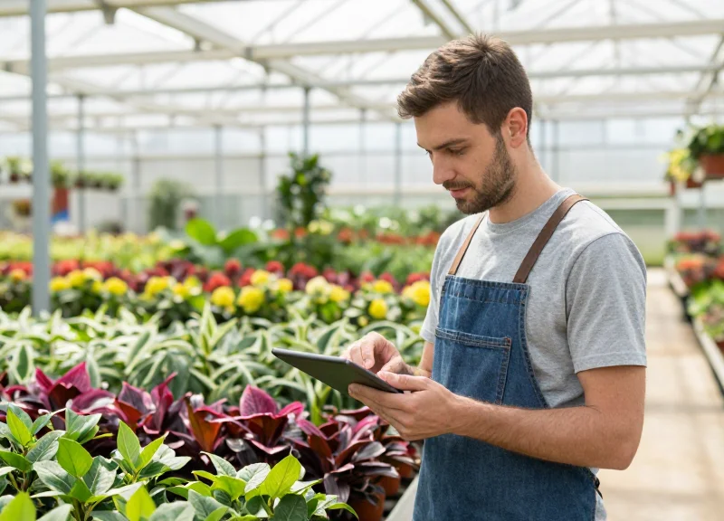 A garden center employee using a digital tablet to manage nursery inventory efficiently.