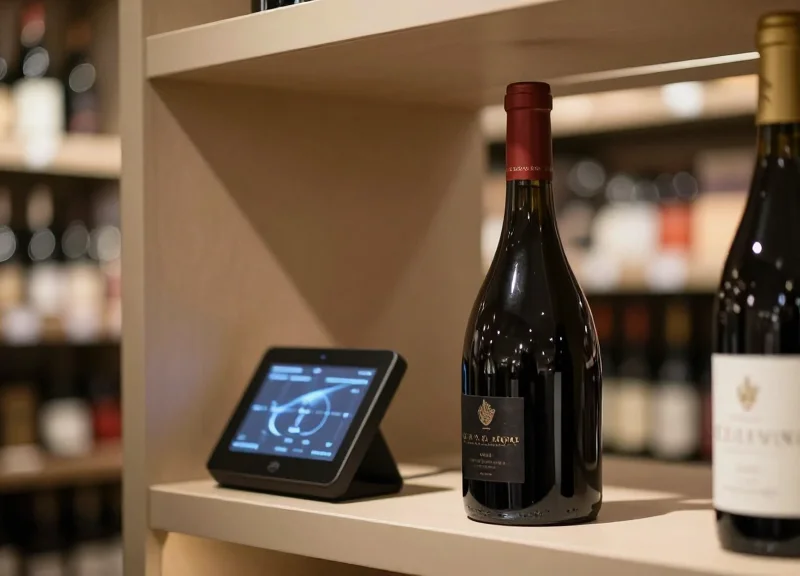 Close-up of a premium wine bottle with a digital display integrated into the retail shelving for brand alignment.