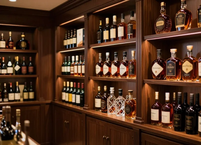 Interior of a high-end luxury liquor boutique with premium bottles and elegant lighting.