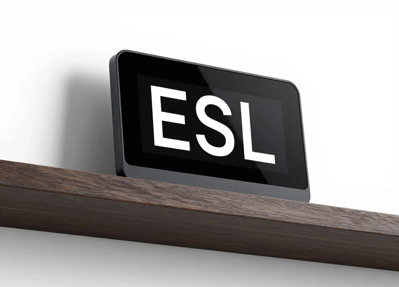Modern electronic shelf label displayed on a premium wood shelf.
