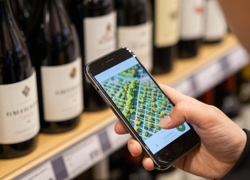 A person using a smartphone to tap an NFC-enabled wine label to see vineyard information.