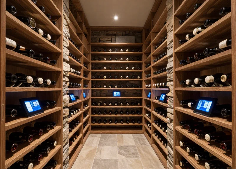 A high-end wine cellar with sophisticated interior design featuring integrated electronic labels on the shelving.