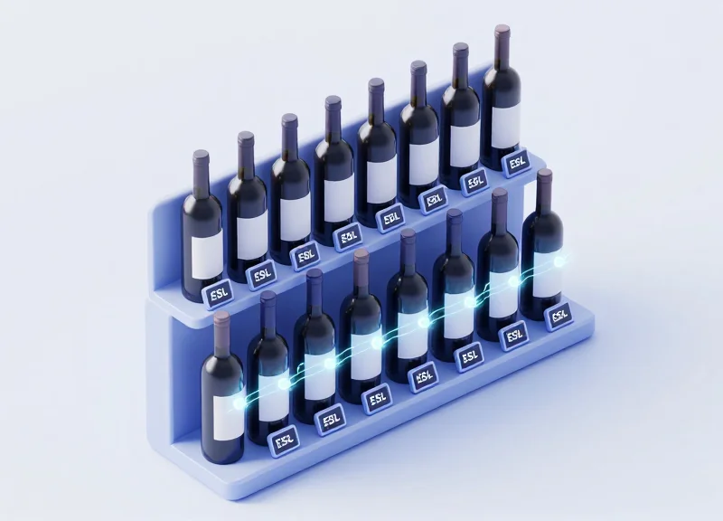 An isometric 3D illustration showing a row of wine bottles on a minimalist shelf, each with a small glowing digital electronic shelf label, with light paths representing automated data updates.