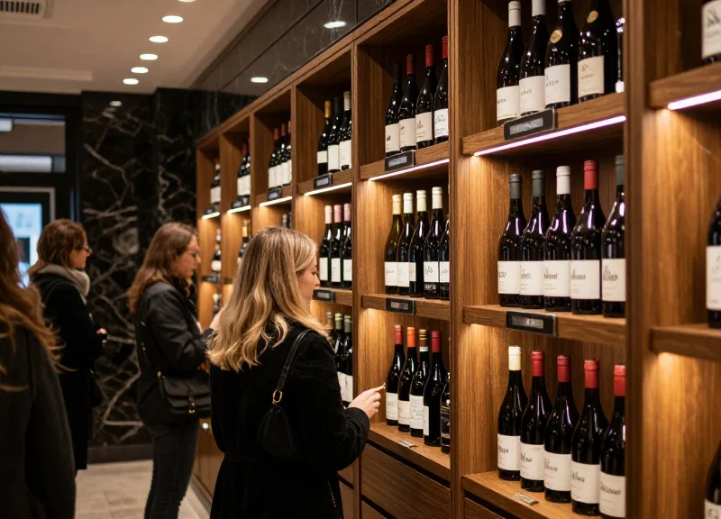 A modern luxury wine boutique with digital displays and high-end interior design