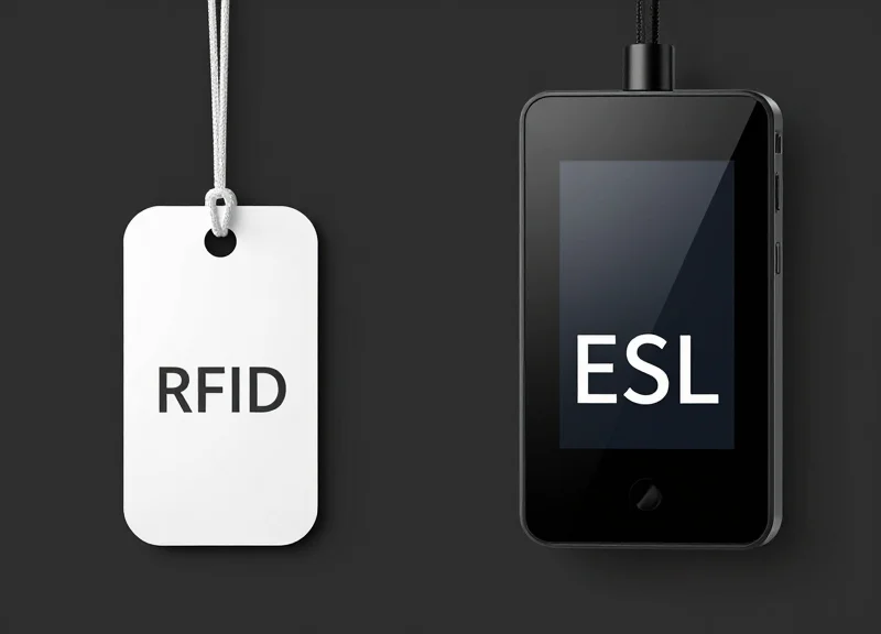 Side-by-side comparison of a traditional RFID tag and a modern Electronic Shelf Label