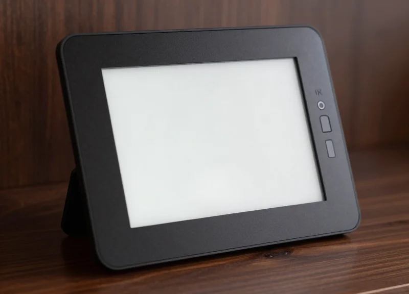Close-up of a high-contrast E-Ink electronic shelf label on a dark wood shelf.