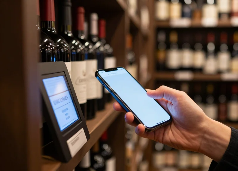 A customer using a smartphone near a wine shelf to interact with an electronic label.