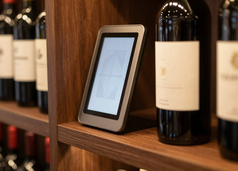 A close-up shot of a modern electronic shelf label on a dark wood shelf in a luxury wine cellar, next to premium wine bottles with elegant, textless labels under warm ambient lighting.
