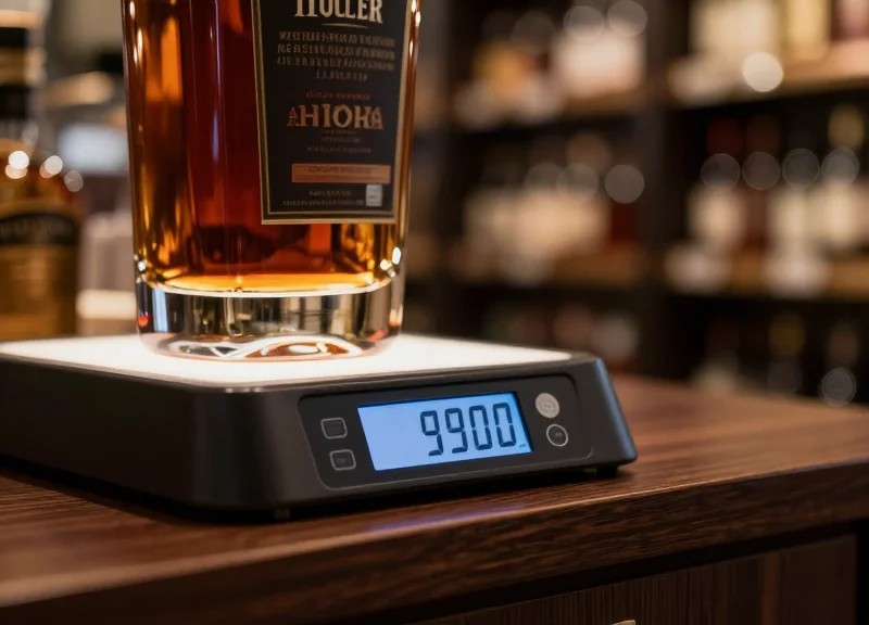 Close-up of a high-end whiskey bottle on a wooden shelf with a sleek digital electronic shelf label glowing beneath it in a modern liquor store.
