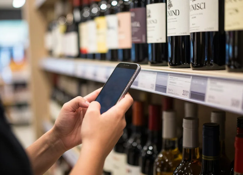 A customer interacting with a digital shelf tag using their smartphone in a modern, well-lit wine cellar.
