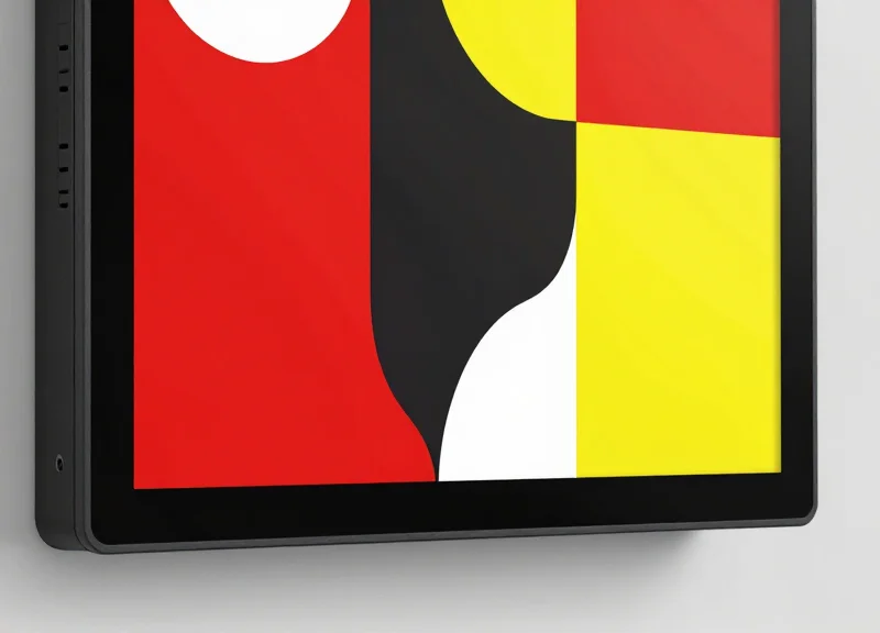 Close-up of a 4-color ESL device showing vibrant abstract display elements