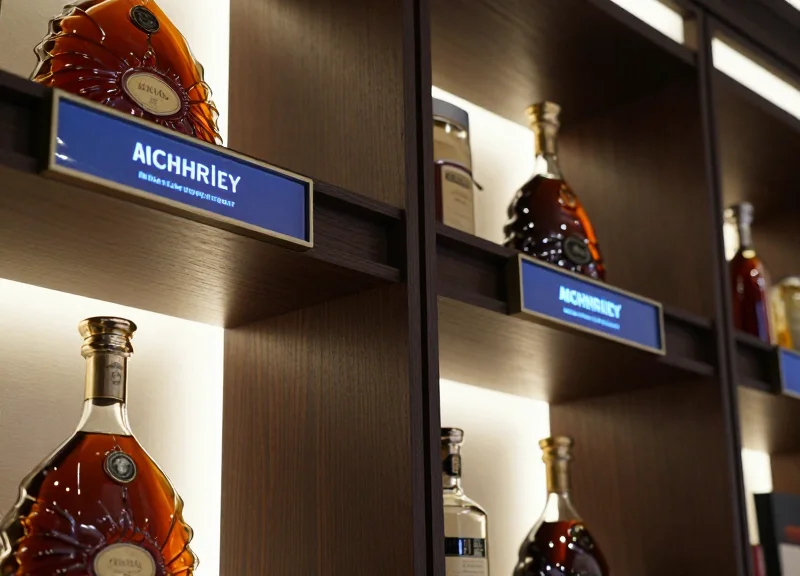Close-up of a luxury liquor shelf in a high-end boutique with sleek electronic shelf labels and premium spirits.