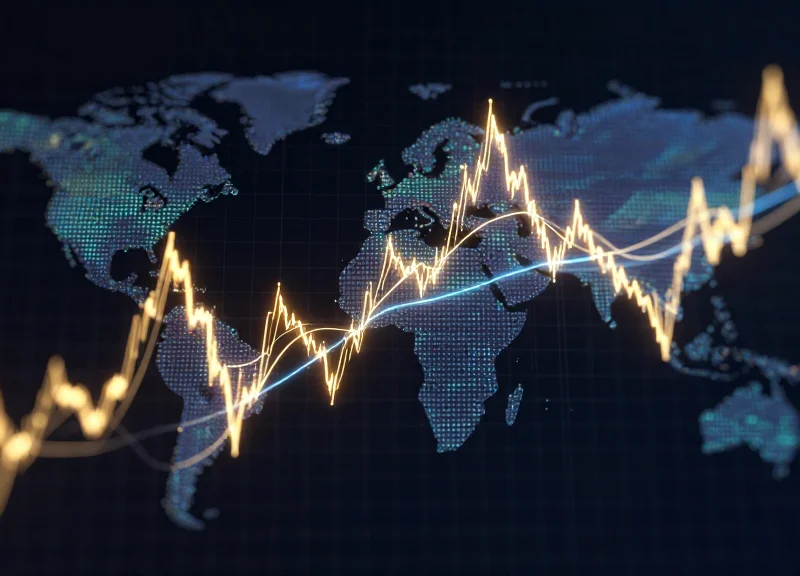 Abstract data visualization showing glowing price trends and market volatility.