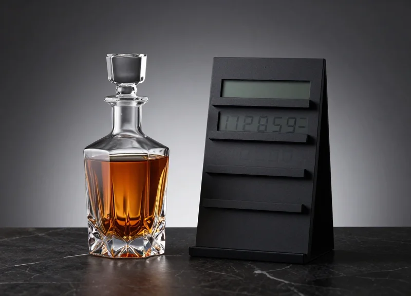 A premium whiskey decanter next to a minimalist electronic shelf label on a dark surface.