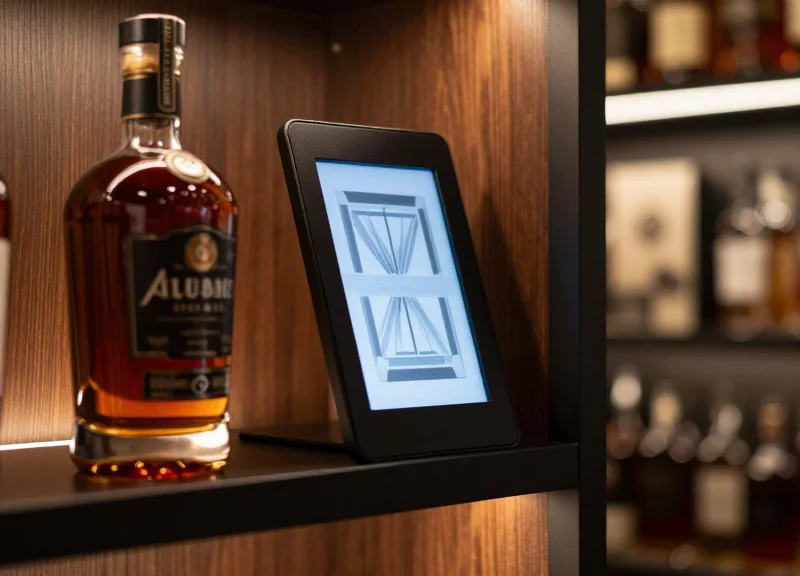 A premium spirit bottle displayed on a modern shelf with a sleek electronic shelf label in a luxury retail setting.