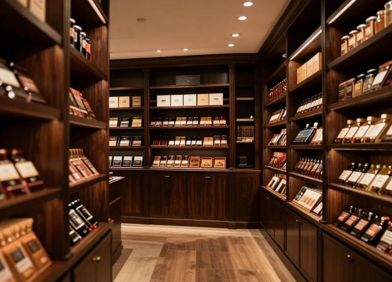 The interior of a high-end luxury tobacco shop featuring elegant wood shelving and digital displays.