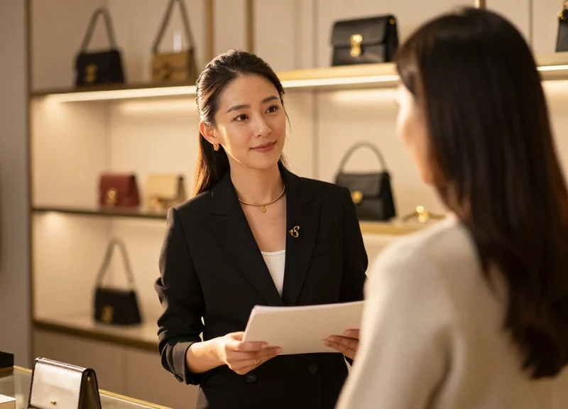 A professional brand ambassador interacting with a customer in a luxury store environment.