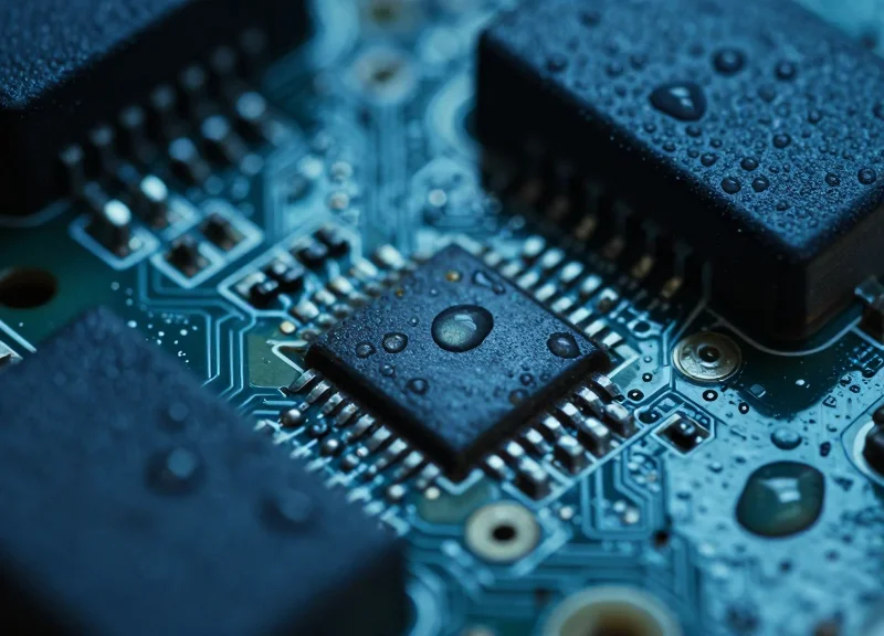 Macro photography of electronic circuit components covered in tiny water droplets and showing early signs of oxidation.