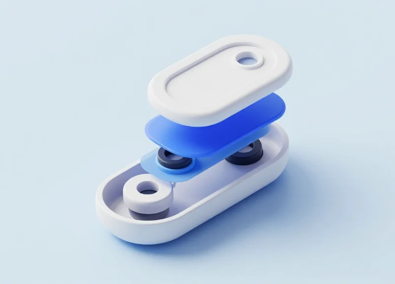 3D isometric view of an electronic shelf label showing its layered protective housing and internal sealants.