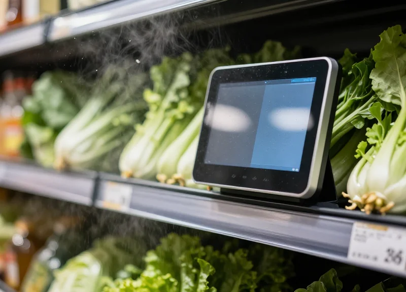A close-up of a digital electronic shelf label mounted on a supermarket produce shelf, surrounded by a fine mist of water droplets with fresh vegetables in the background.
