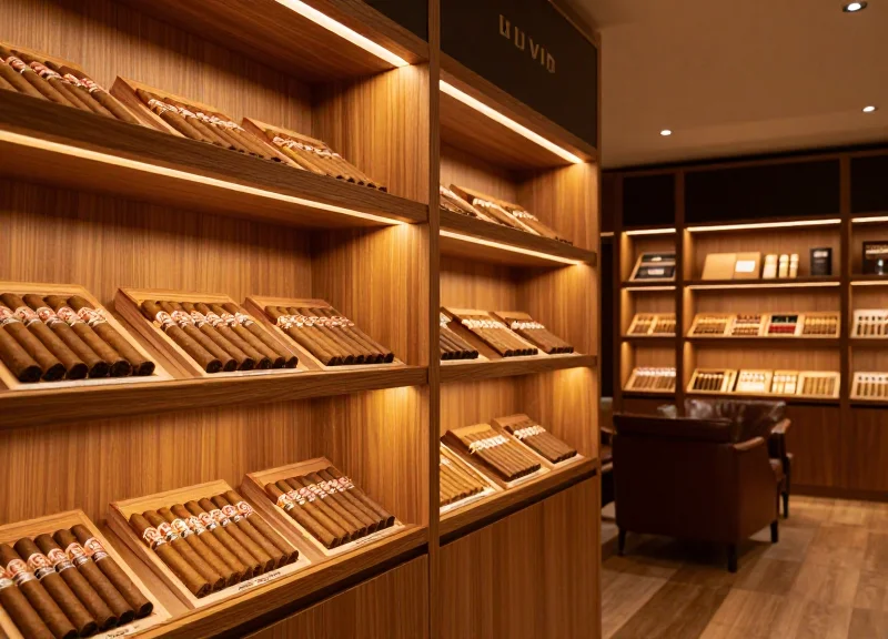 Interior of a high-end luxury cigar boutique in 2026 with modern wooden shelving and warm ambient lighting.