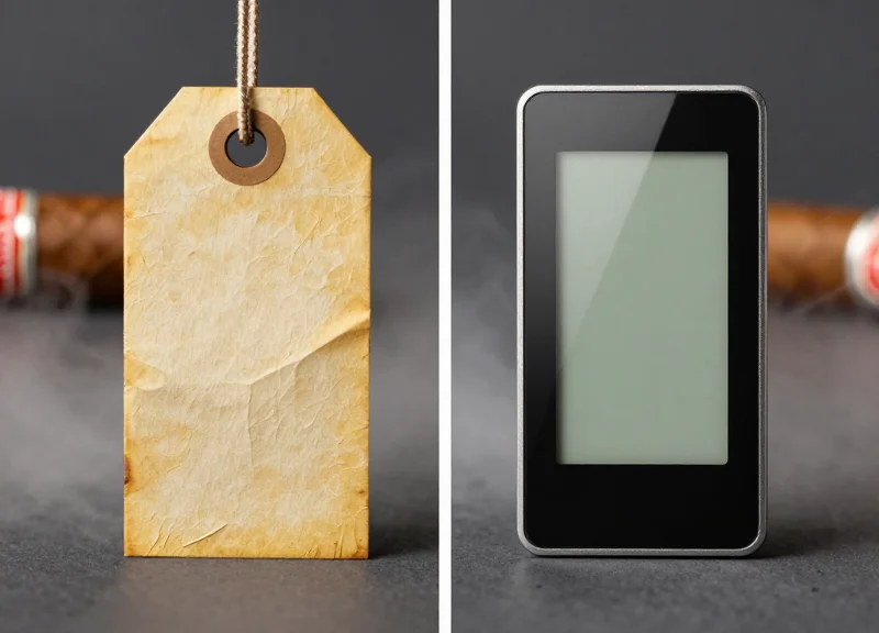 Side-by-side comparison of a moisture-damaged paper tag and a sleek waterproof digital electronic shelf label inside a humidor.
