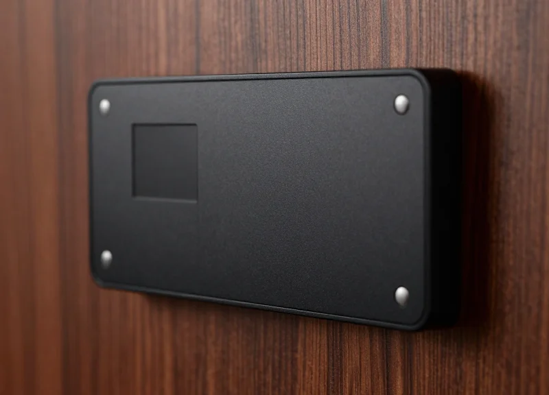 Macro shot of a high-tech electronic price tag with a premium finish, mounted on a dark wood shelf.