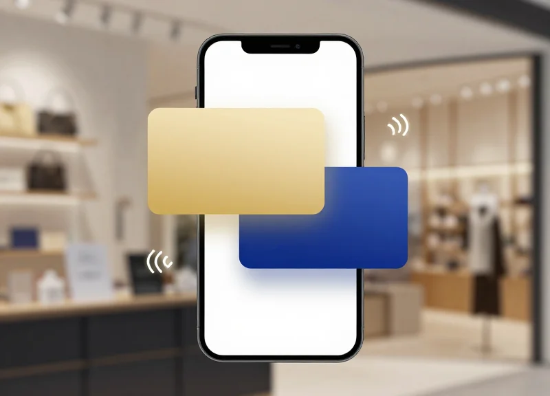 Conceptual visualization of a smartphone interacting with a digital store tag using glassmorphism effects.