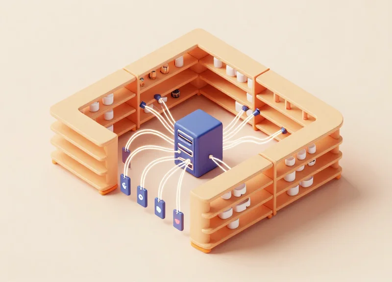 3D isometric view of a secure retail ecosystem connecting electronic tags to security sensors and server modules.