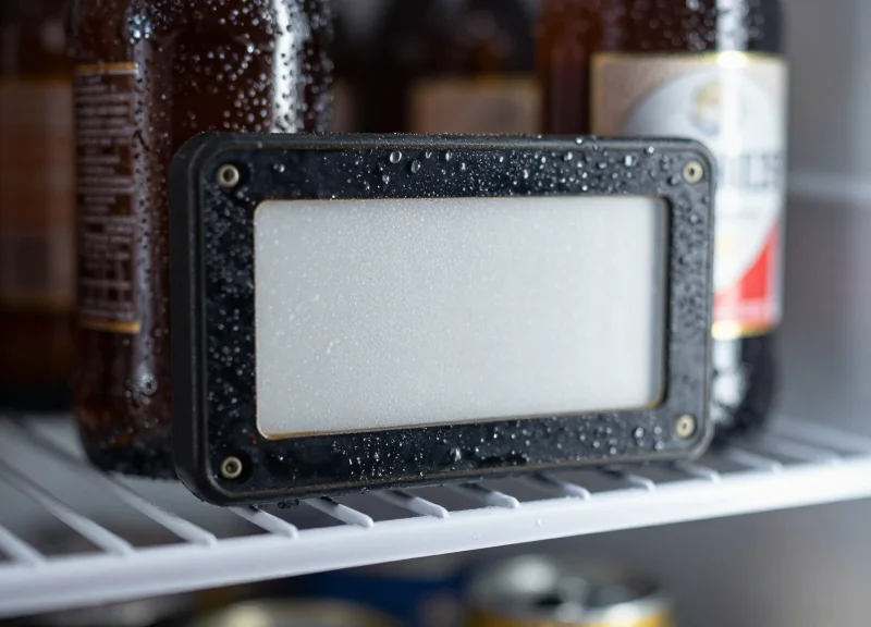 A digital electronic shelf label in a cold, humid walk-in cooler with condensation.