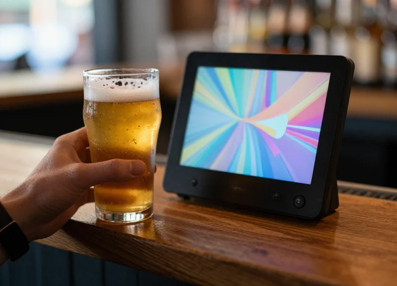 A customer looking at a digital display on a bar counter near a craft beer glass.