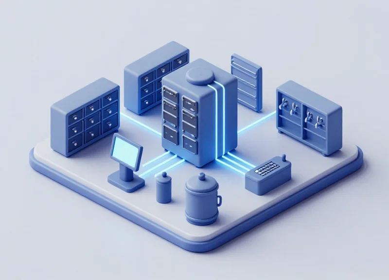 Isometric view of a brewery system connecting server, POS, and taproom units.